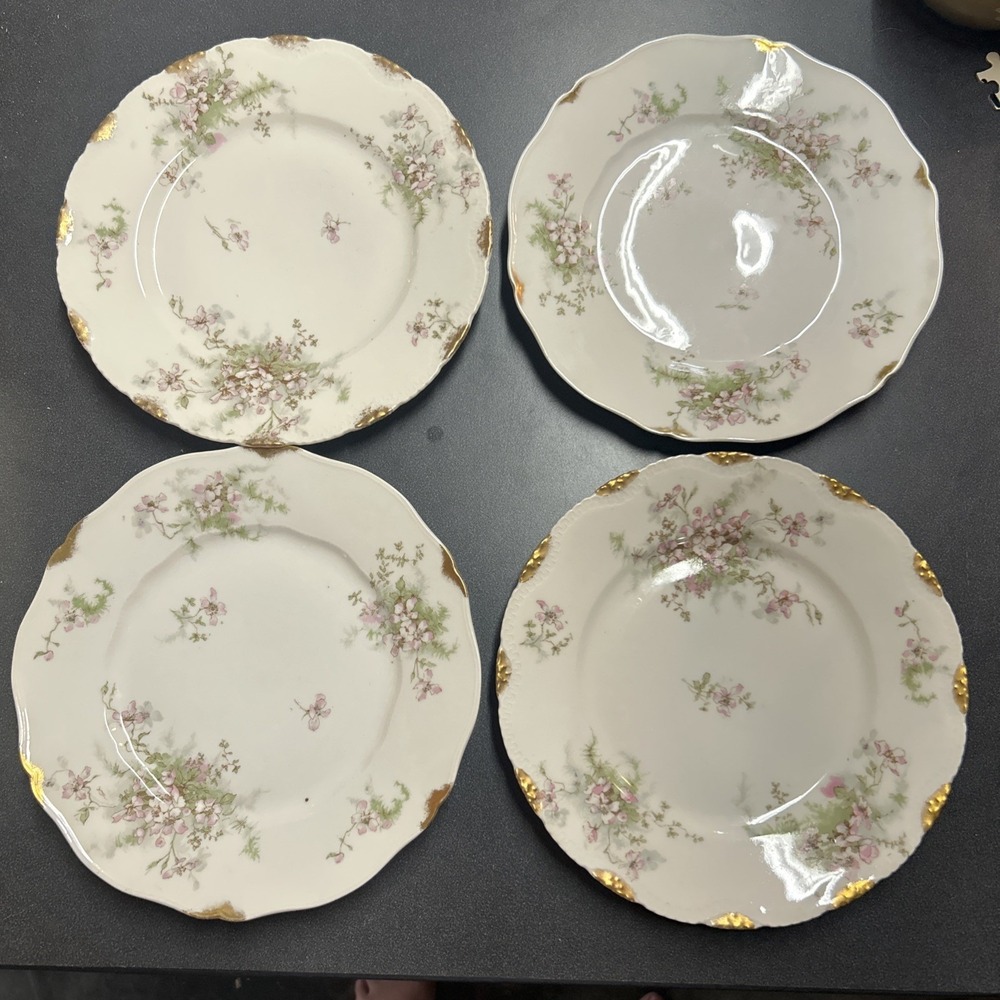 Antique Haviland & Co. Limoges Pink Green Flowers Set Of 4 Luncheon Plates